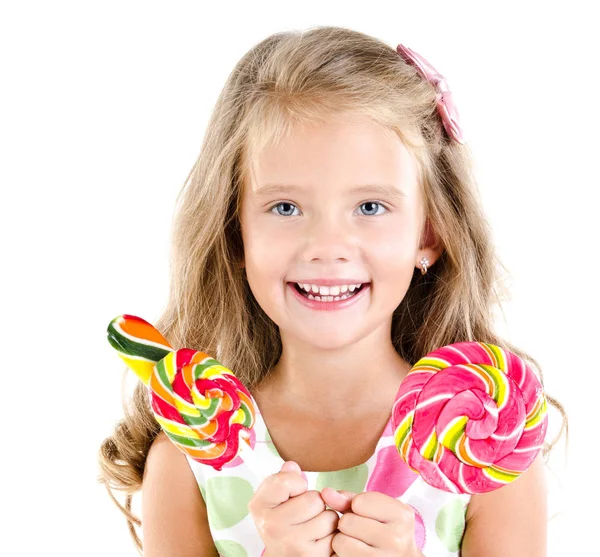 Niña feliz con piruleta aislada — Foto de Stock