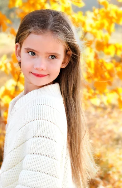 Autumn portrait smiling adorable little girl in the park — Stock Photo, Image