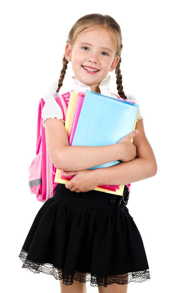 Portrait of smiling schoolgirl with school bag