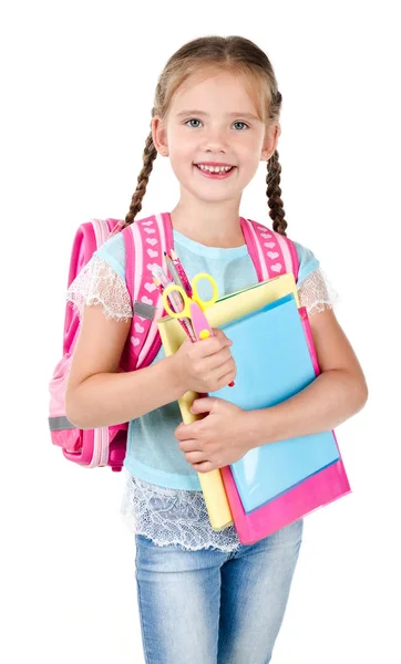 Retrato de colegiala sonriente con bolso escolar — Foto de Stock