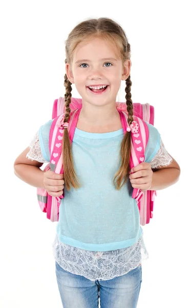 Портрет улыбающейся школьницы со школьной сумкой — стоковое фото