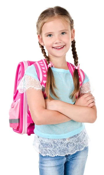 Portrait of smiling schoolgirl with school bag — Stock Photo, Image