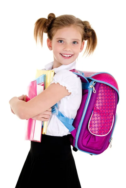 Retrato de niña de la escuela sonriente con mochila y libros en —  Fotos de Stock