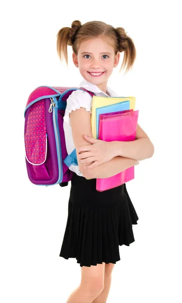 Okul kız çocuk kitap ve sırt çantası ile gülümseyen portresi — Stok fotoğraf