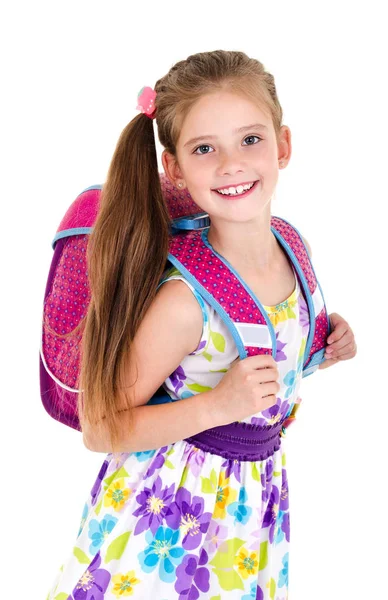 Retrato de criança menina da escola sorridente com mochila isolada — Fotografia de Stock