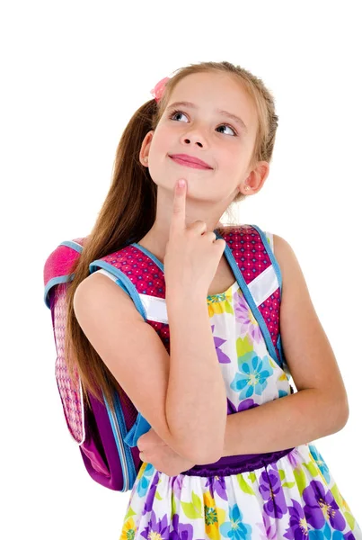 İzole sırt çantası ile düşünme okul kız çocuk portresi — Stok fotoğraf