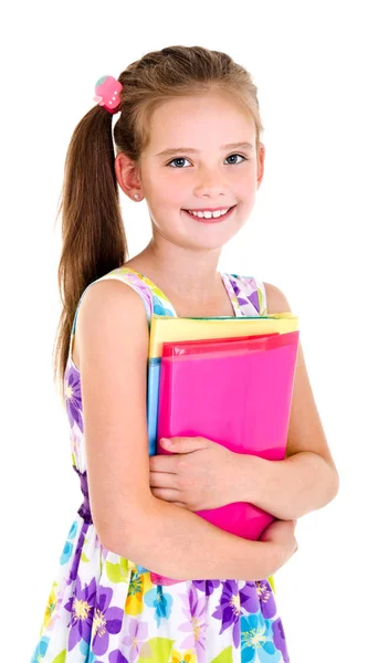 Retrato de criança menina da escola sorridente com saco escolar e livros — Fotografia de Stock