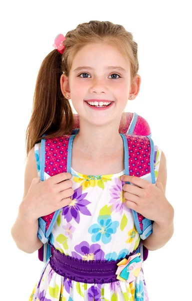 Retrato de criança menina da escola sorridente com mochila isolada — Fotografia de Stock