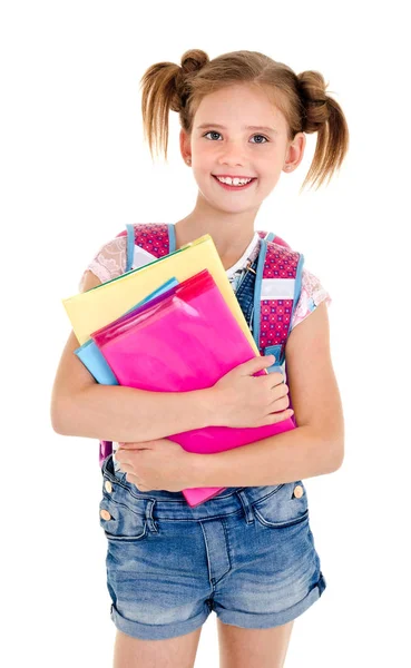 Retrato de niña de la escuela sonriente con el bolso de la escuela y libros —  Fotos de Stock