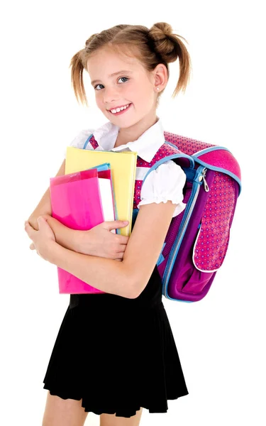 微笑的学校女童背包与书中的肖像 — 图库照片