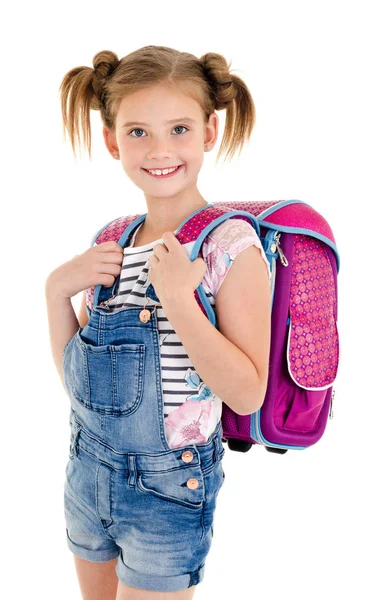 Portret uśmiechnięte dziecko dziewczyna szkoła szkoła torba na białym tle — Zdjęcie stockowe