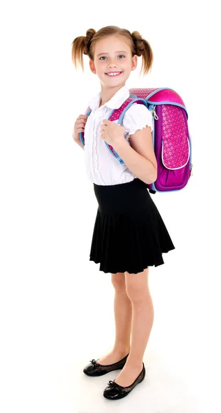 Portret uśmiechnięte dziecko dziewczyna szkoły z plecak w mundurze — Zdjęcie stockowe