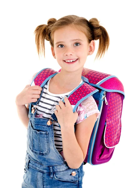 Mosolygós boldog iskola lány gyermek iskola táska isol portréja — Stock Fotó