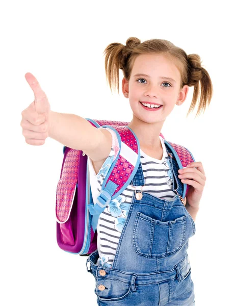 Porträt eines lächelnden glücklichen Schulmädchens mit Schultasche und — Stockfoto