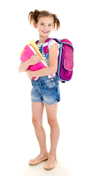 Portret uśmiechnięte dziecko dziewczyna szczęśliwy szkoła torba szkoły i — Zdjęcie stockowe