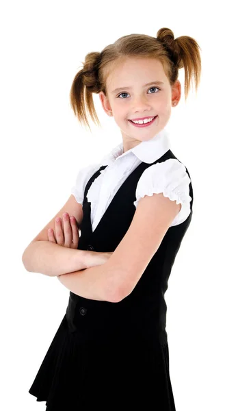 微笑的快乐的学校女童穿制服孤立的肖像 — 图库照片