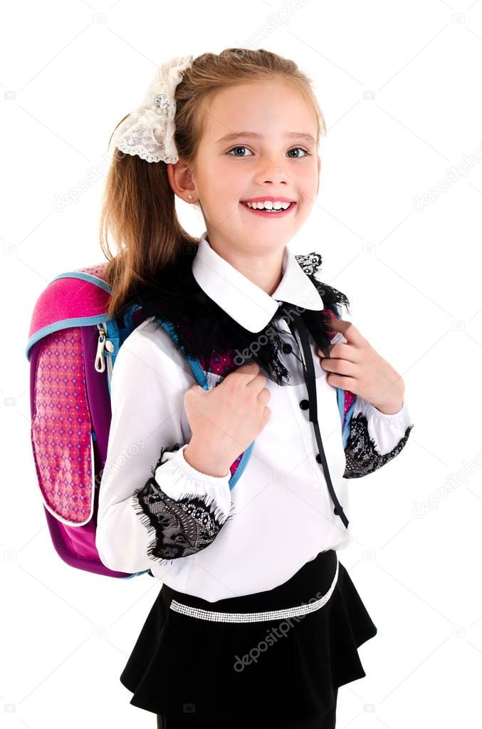 Portrait of smiling happy school girl child with backpack
