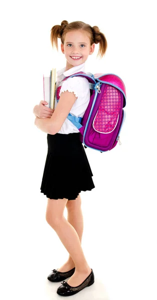 Mutlu okul kız çocuk sırt çantası ile gülümseyen portresi — Stok fotoğraf