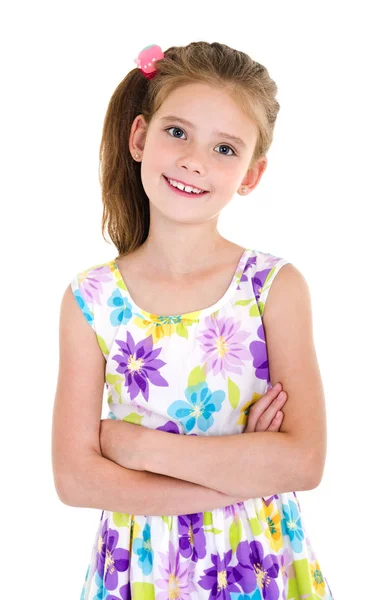 Śliczny uśmiechający się małe dziecko dziewczyna w sukience na białym tle — Zdjęcie stockowe