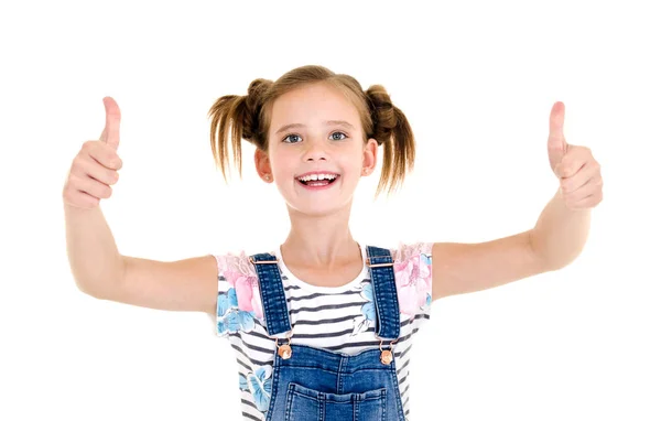 Porträtt av bedårande leende liten flicka barn med två tummar u — Stockfoto