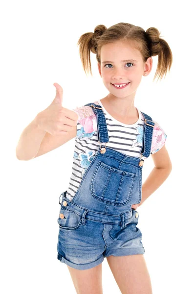 Portret śliczny uśmiechający się małe dziecko dziewczynka z kciuk w górę — Zdjęcie stockowe