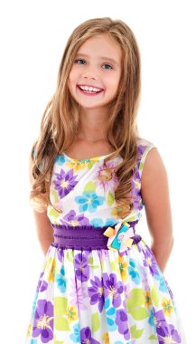 Sevimli gülümseyen küçük kız çocuğu olarak izole Prenses Giydir 