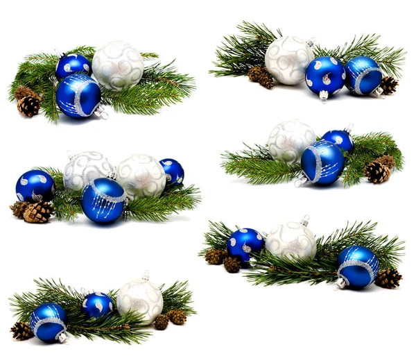 Zbiór zdjęć Boże Narodzenie dekoracji niebieskie i srebrne kulki — Zdjęcie stockowe