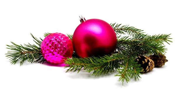 Christmas decoration lilac magenta balls with fir cones — Stock Photo, Image