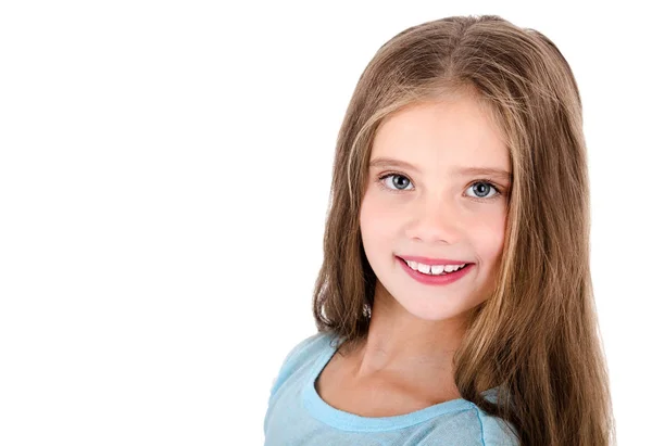 Śliczny uśmiechający się zadowolony trochę dziecko dziewczyna na białym tle portret — Zdjęcie stockowe