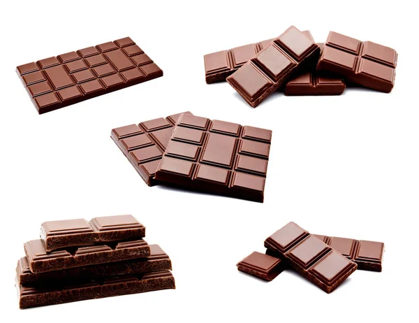 Collection of photos dark milk chocolate bars stack isolated on — Stock Photo, Image