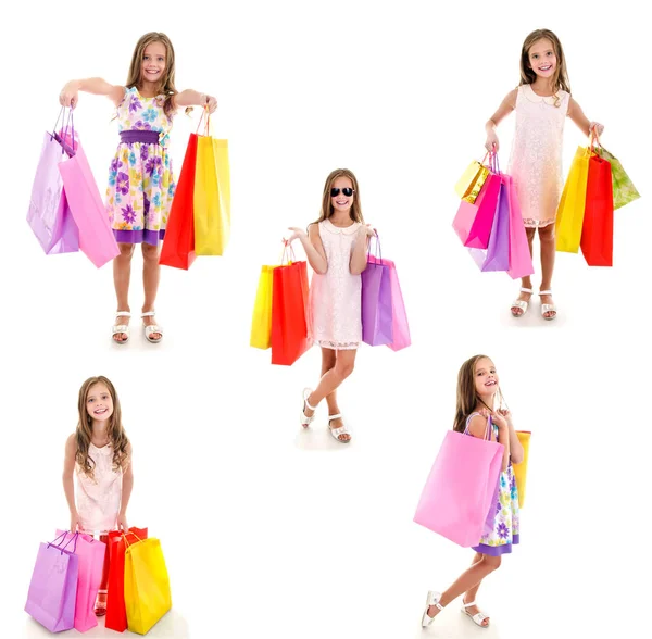 Samling av foton bedårande liten flicka barn hålla shopping — Stockfoto