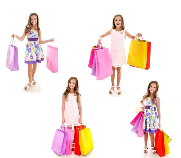 Samling av foton bedårande liten flicka barn hålla shopping — Stockfoto