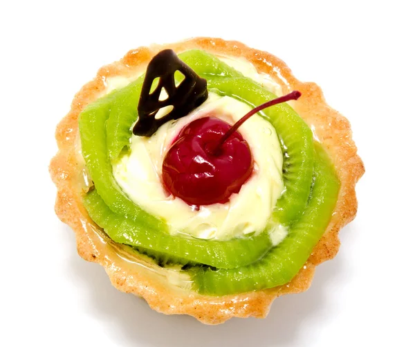 Delicious cake pastry with fruit cherry kiwi isolated — Stock Photo, Image