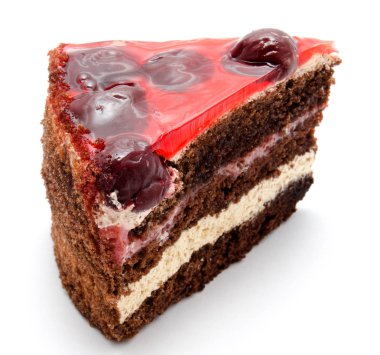 Lezzetli çikolatalı kek pasta ile izole meyve kiraz 