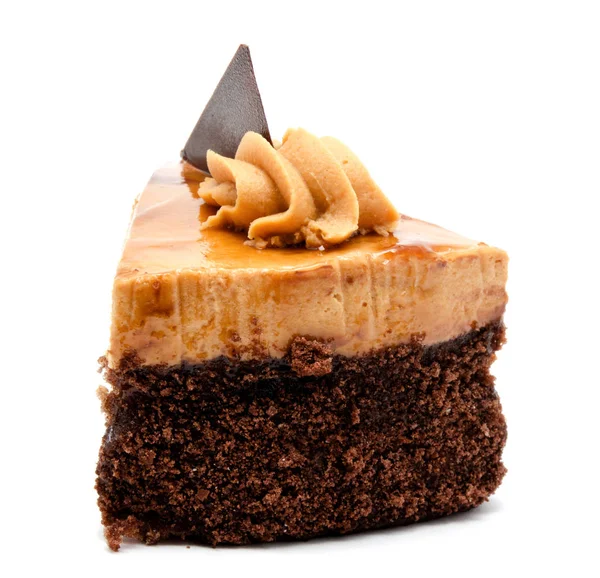 Heerlijke chocolade Cakegebak met slagroom geïsoleerd — Stockfoto