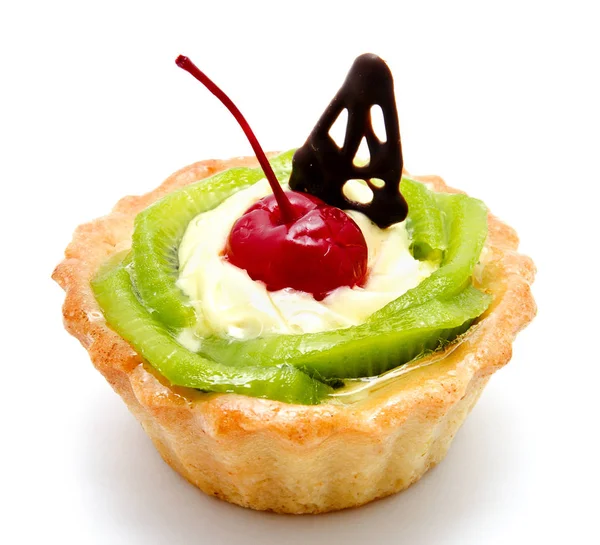 Delicious cake pastry with fruit cherry kiwi isolated on a white — Stock Photo, Image
