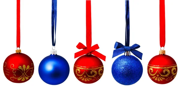 Collection of photos hunging blue and red christmas balls isolat — Stock Photo, Image