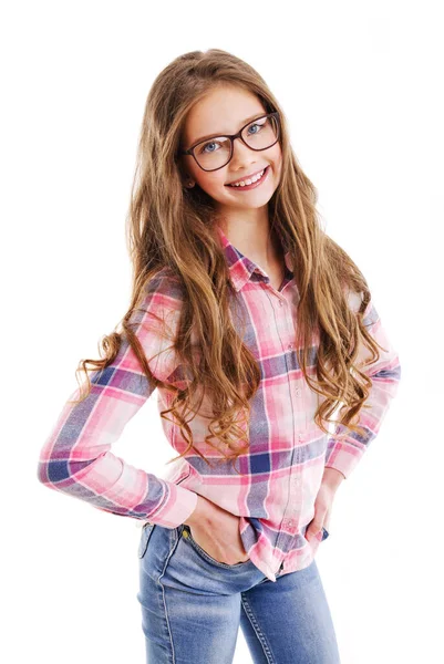 Sonriente Linda Niña Adolescente Gafas Educación Escuela Concepto Visión Aislado — Foto de Stock