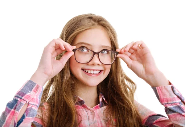 Sorridente Carina Bambina Adolescente Occhiali Vista Educazione Scuola Visione Concetto — Foto Stock
