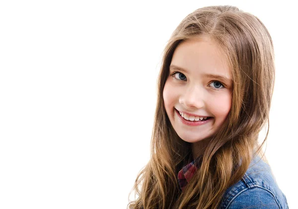 Portret Van Schattig Glimlachend Klein Meisje Kind Tiener Geïsoleerd Een — Stockfoto