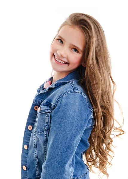 Retrato Adorável Sorridente Menina Criança Pré Adolescente Isolado Fundo Branco — Fotografia de Stock