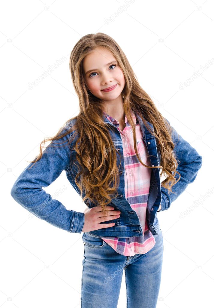 Portrait of adorable smiling little girl child preteen isolated on a white background