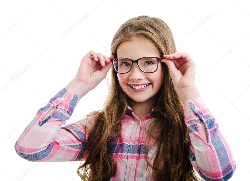 Cute little girl child preteen in eyeglasses education, school and vision concept isolated on a white