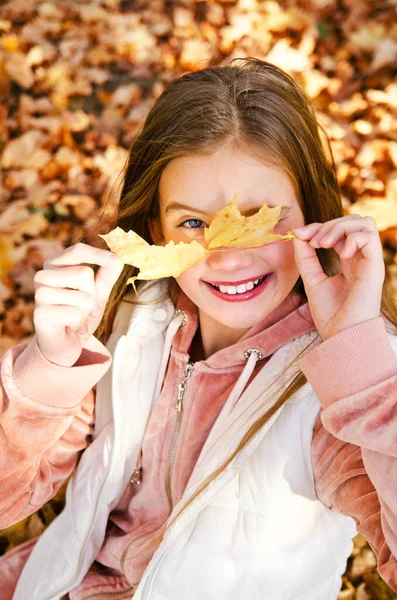 Parkta Eğlenen Gülümseyen Küçük Kız Çocuğunun Sonbahar Portresi — Stok fotoğraf