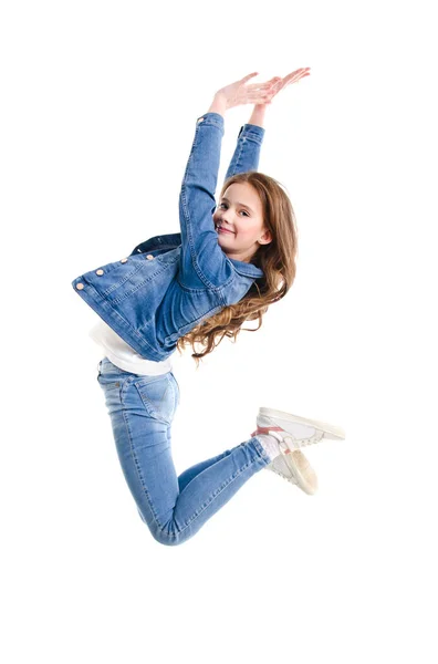 Adorable Niña Sonriente Niño Preadolescente Saltando Aislado Sobre Fondo Blanco —  Fotos de Stock