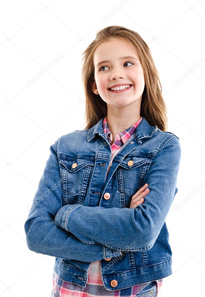 Portrait of adorable smiling little girl child preteen isolated on a white background