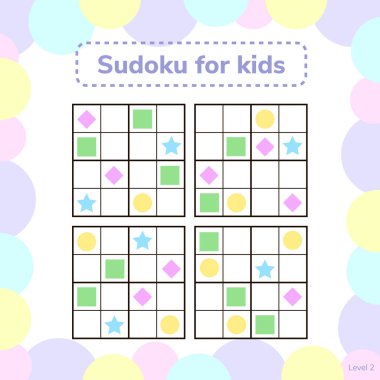 vektör çizim. Sudoku resimleri ile çocuklar için. Mantık okul öncesi çocuklar için oyun. bilmece çocuklar için. Eğitici bir oyun. Rhombus, yıldız, kare, daire.