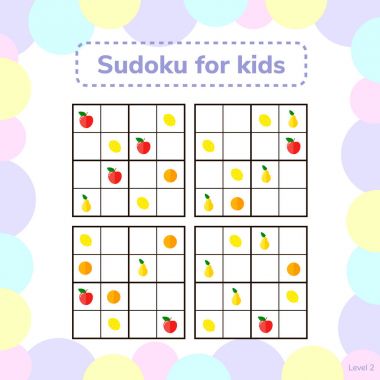 vektör çizim. Sudoku resimleri ile çocuklar için. Mantık okul öncesi çocuklar için oyun. Eğitici bir oyun. Bilmece. Elma, armut, portakal, limon.