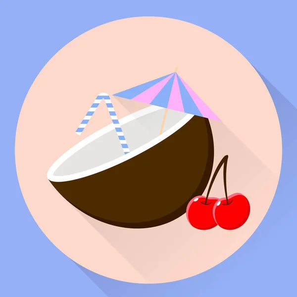 Векторная иллюстрация.Круглая плоская икона, коктейль в кокосе — стоковый вектор
