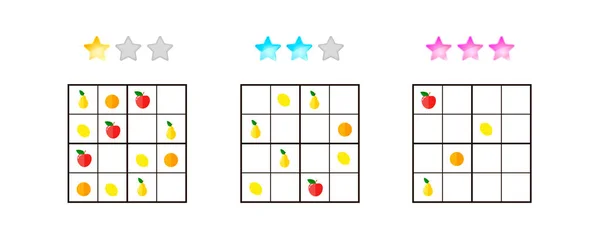 Vectorillustratie. Sudoku voor kids met foto's op verschillende niveaus — Stockvector